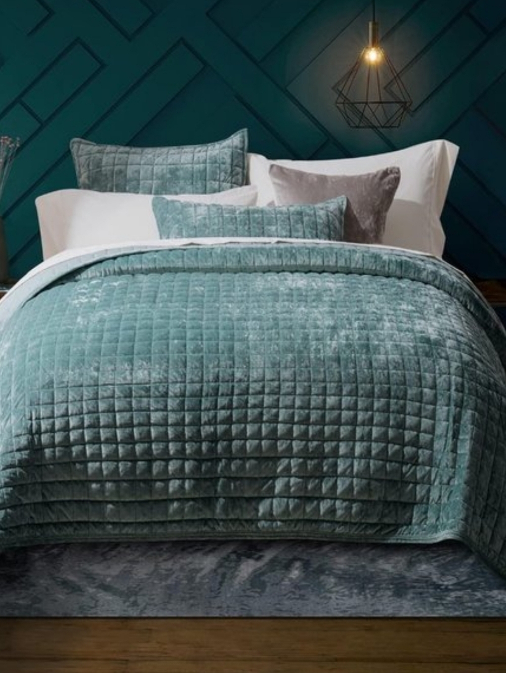 Aqua Green Blue Soft Quilted Squares Velvet Quilt Bedding 3pc Set Queen Size Bed